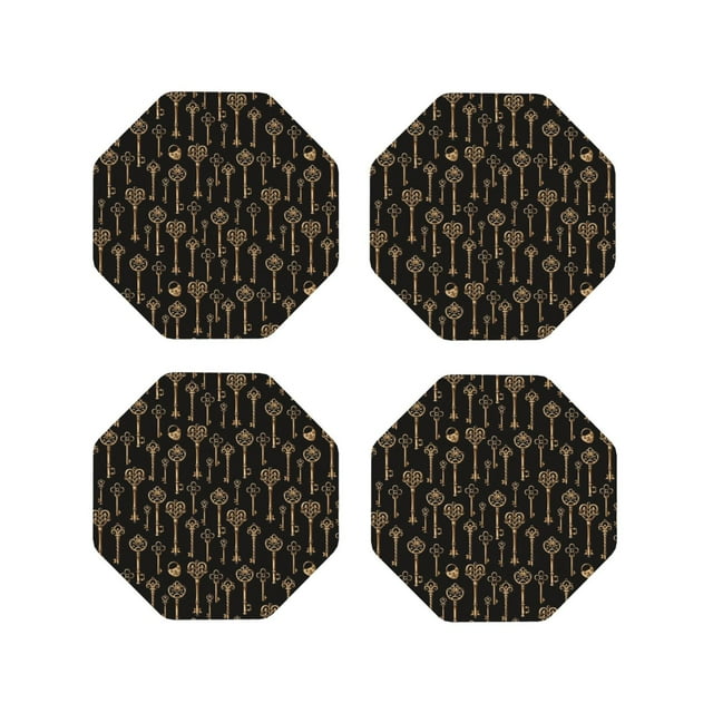 Vsdgher Keys Print Leather Coasters for Drinks, Durable Drink Coasters 4 Set for Tabletop Protection, Luxurious Home Décor and Housewarming Gift-Octagon