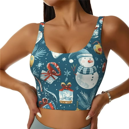 Qokaie Christmas Snowman Gift Pattern Womens Scoop Neck Sports Bra Breathable Workout Vest Padded U Back Medium Impact Fitness Gym Yoga Bra Workout Crop Top-Medium