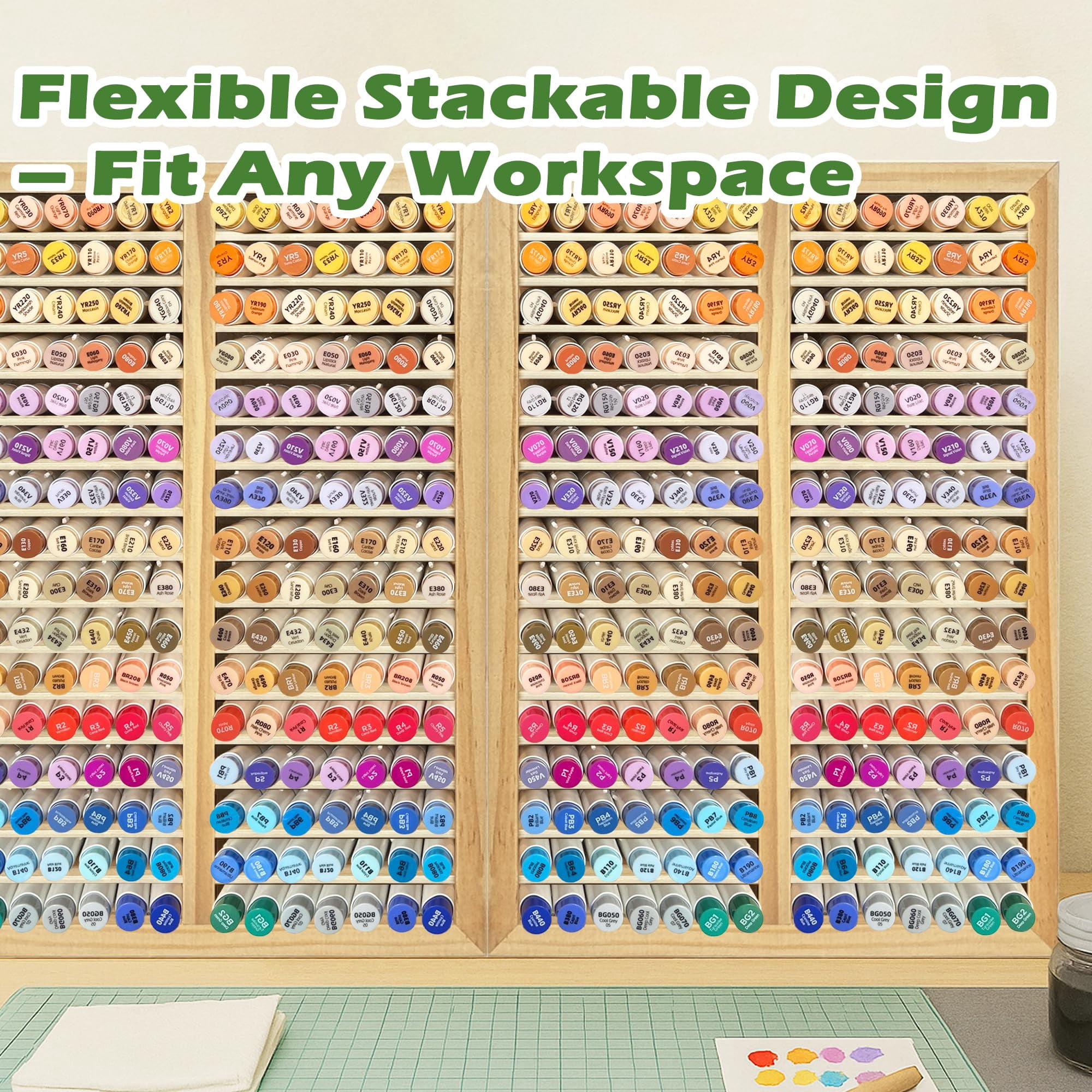 Marker Organizer For 224 Markers Wooden Holder With 32 Slots  Pens Pencils Art Supply Storage Desk Home Classroom Office Decor(natural 15"x11"x5.2 ")