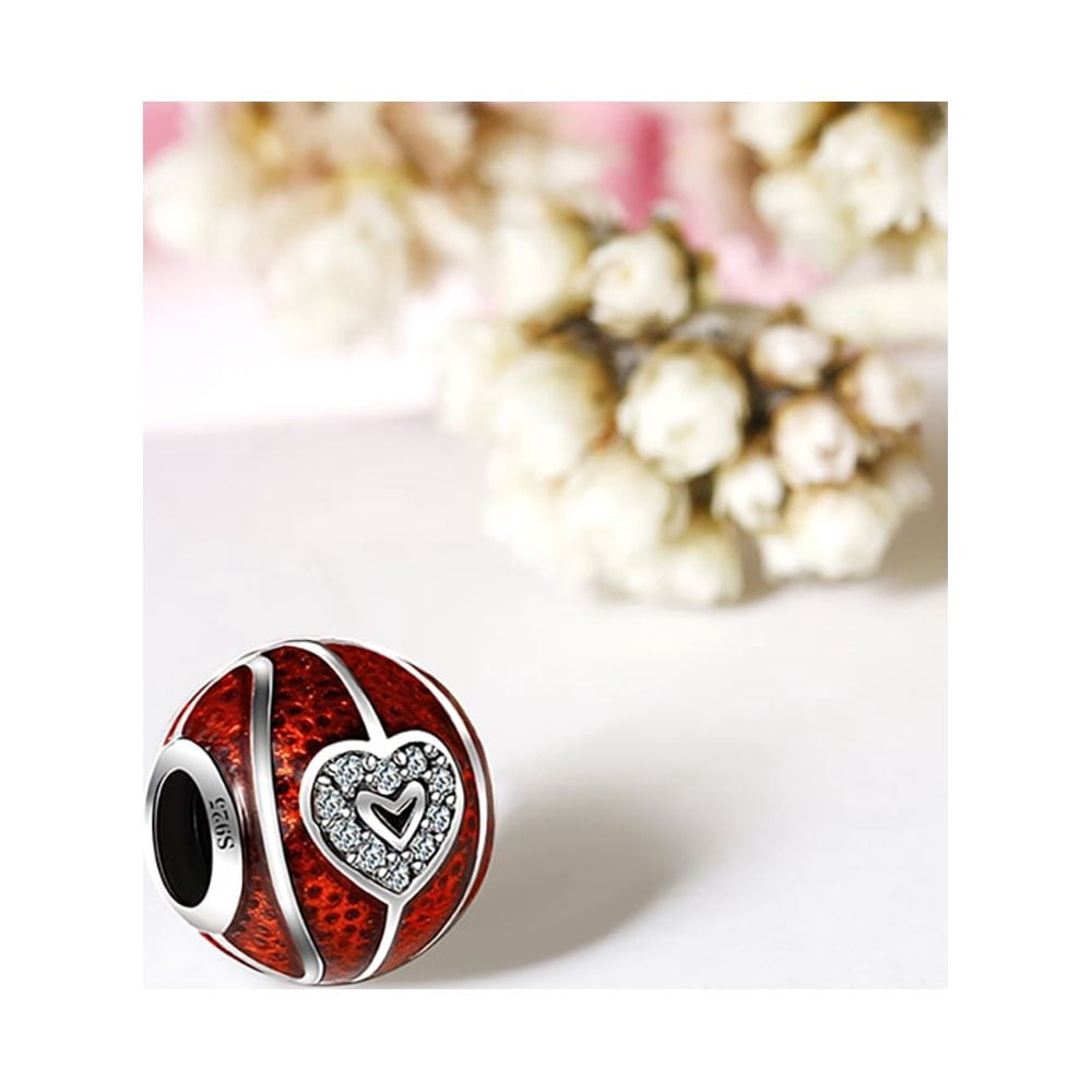 Love Basketball Charm European Bead CZ Red Sterling Silver Ginger Lyne Collection