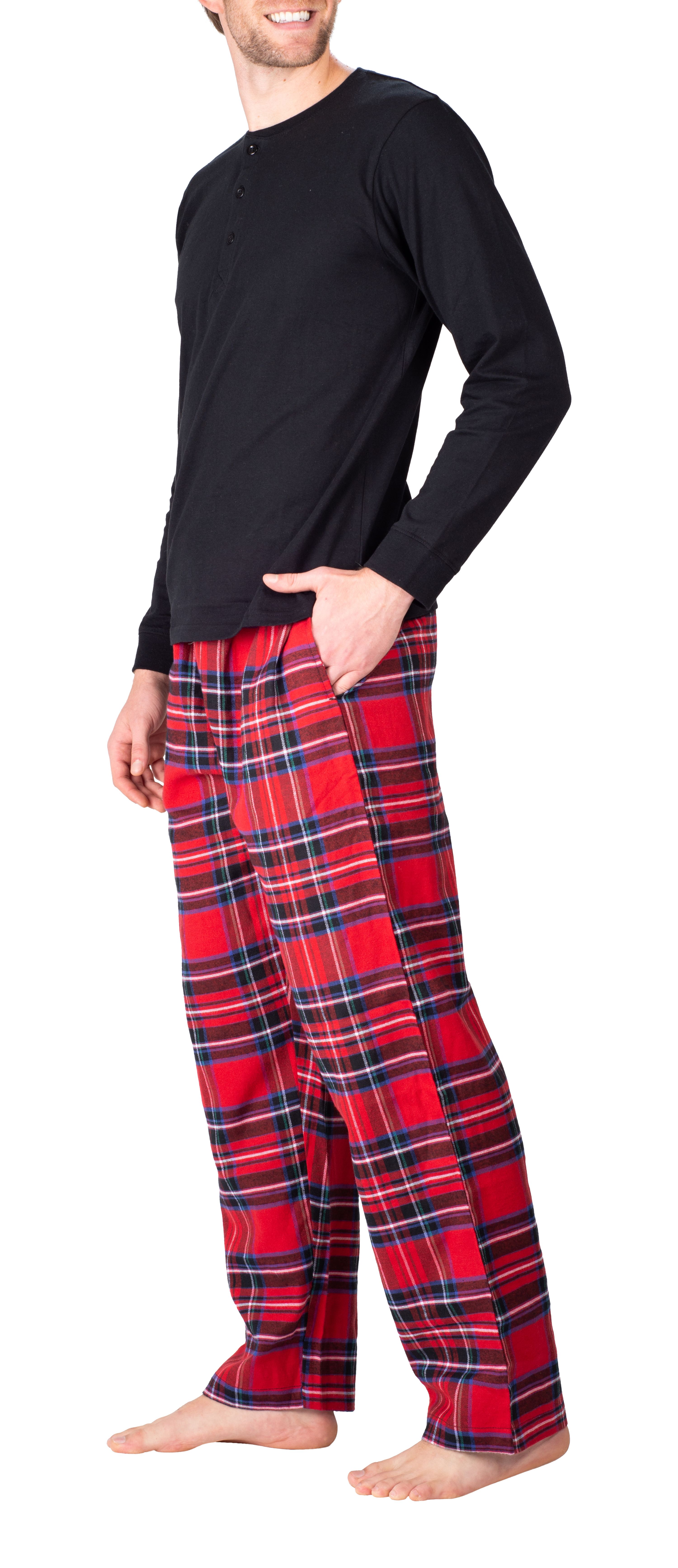 SLEEPHERO Men's Pajama Set Flannel Pajamas For Men Piece PJ Set with Plaid  Pajama Pants and Long Sleeve Henley T-Shirt Black with Red and Black  Buffalo Check X-Large