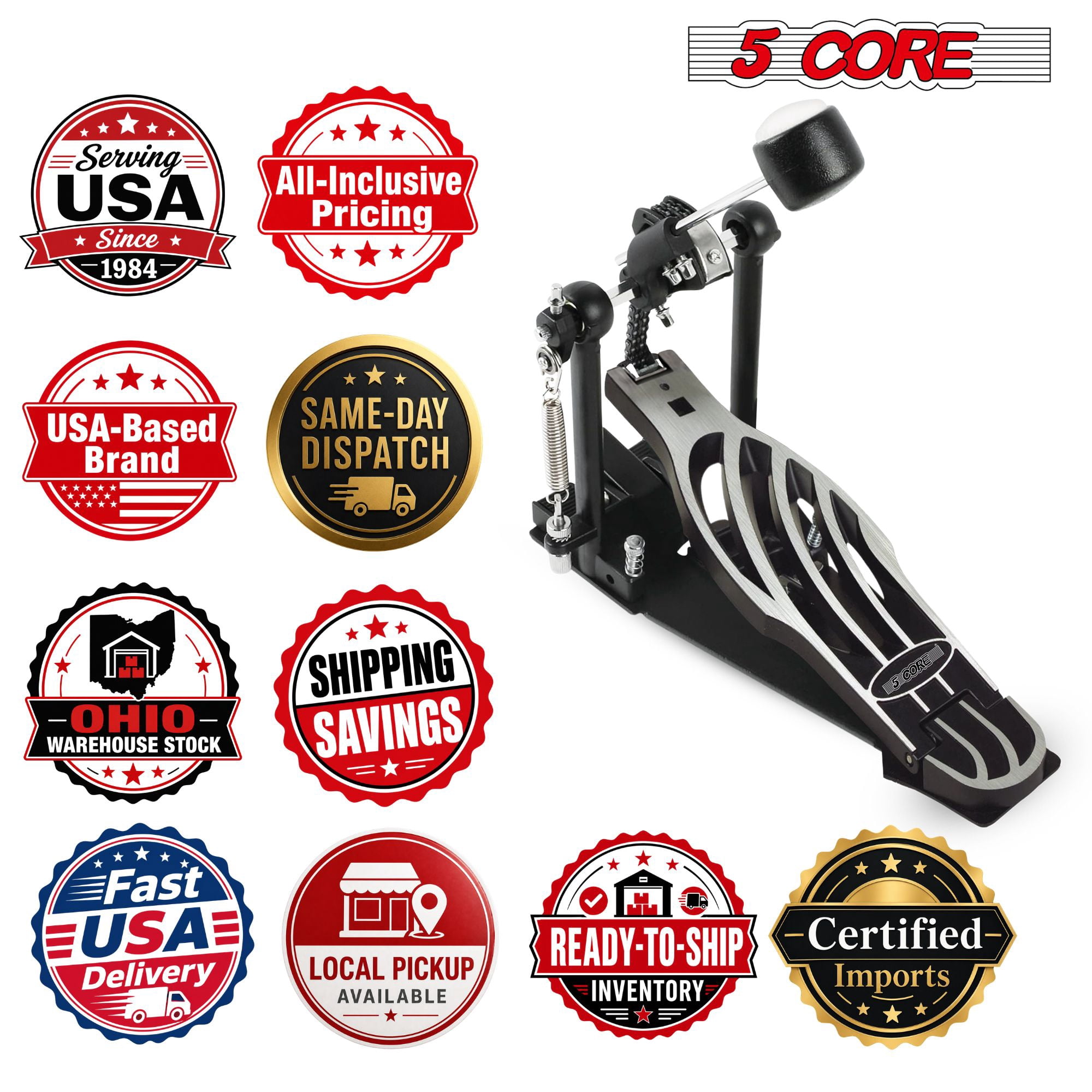 5 Core Bass Drum Pedal Mount Adjustable Felt Beater Head Single Chain Heavyduty Kick Drum Foot Pedal