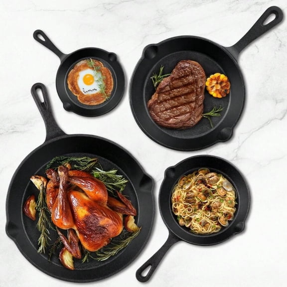 EASHZMFYTBF 4-Pack Pre-Seasoned Cast Iron Skillet Set, 5/6/8/10 Inch Heavy Duty Frying Pans, Oven Safe Cooking Pan for Frying, Searing, Baking & Camping