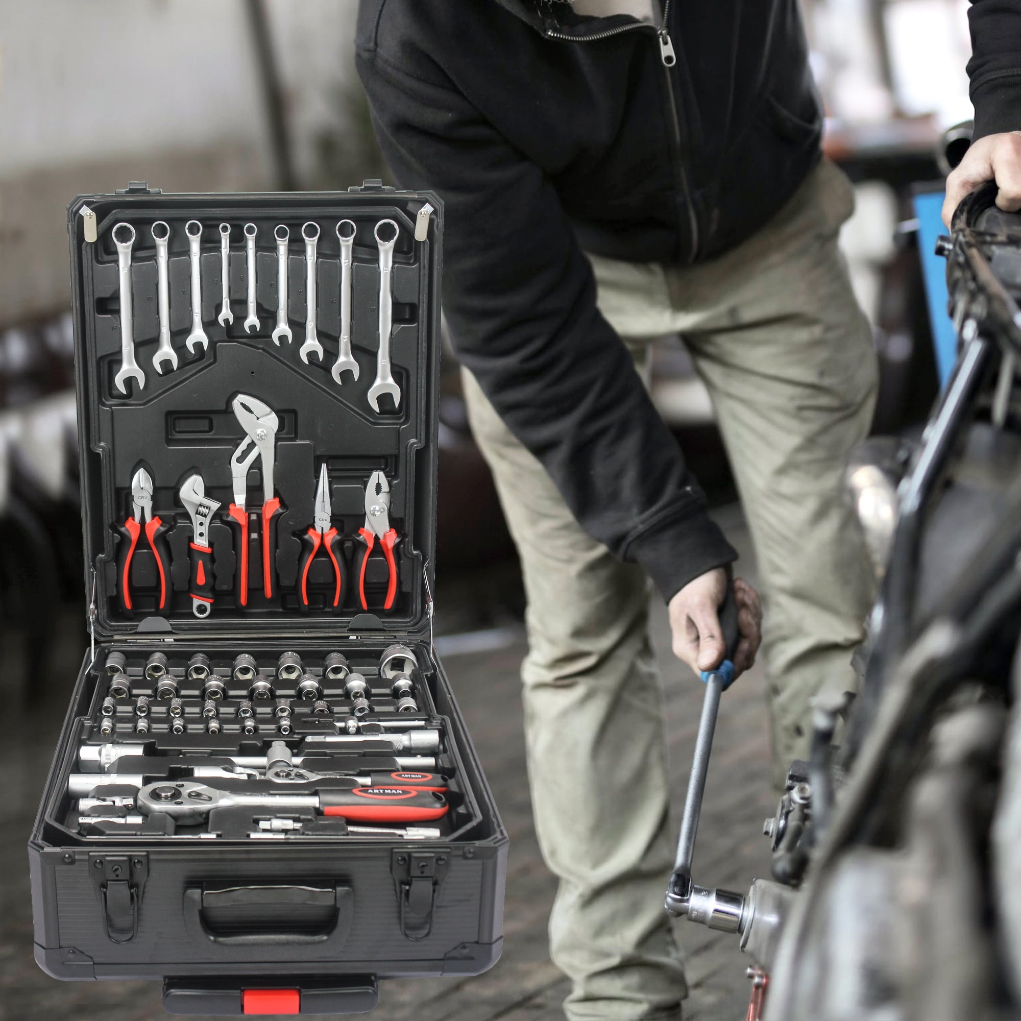 JXXRZ 899-Piece Home Repair Tool Set with 4-Drawer Rolling Toolbox Case for Maintenance, Garden, Homeowner, Handyman -Black