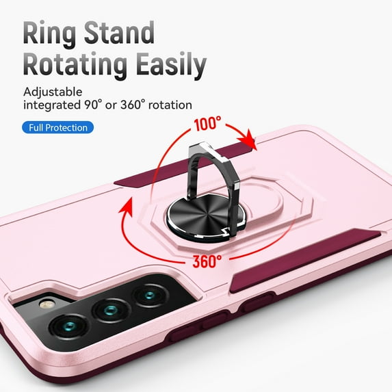 for Samsung Galaxy S22 Plus Case, Slim Fit Military Grade Shockproof Case with 360 Rotating Ring Holder Kickstand Support Car Mount Magnetic Rugged PC Protective Phone Case,Pink+Rose