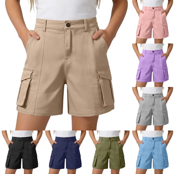 Girl Shorts Solid Youth Cargo Shorts Button Zip Elastic Waist School Uniform Army Green 5-6Y