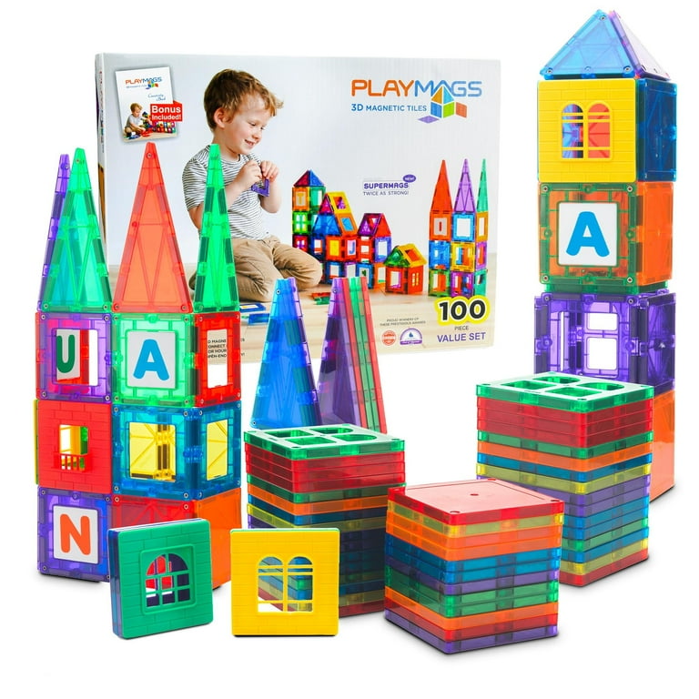 Playmags 100 Piece Magnetic Tiles Building Blocks Set 3D Magnet Tiles for Kids Boys Girls Educational STEM Toys for Toddlers