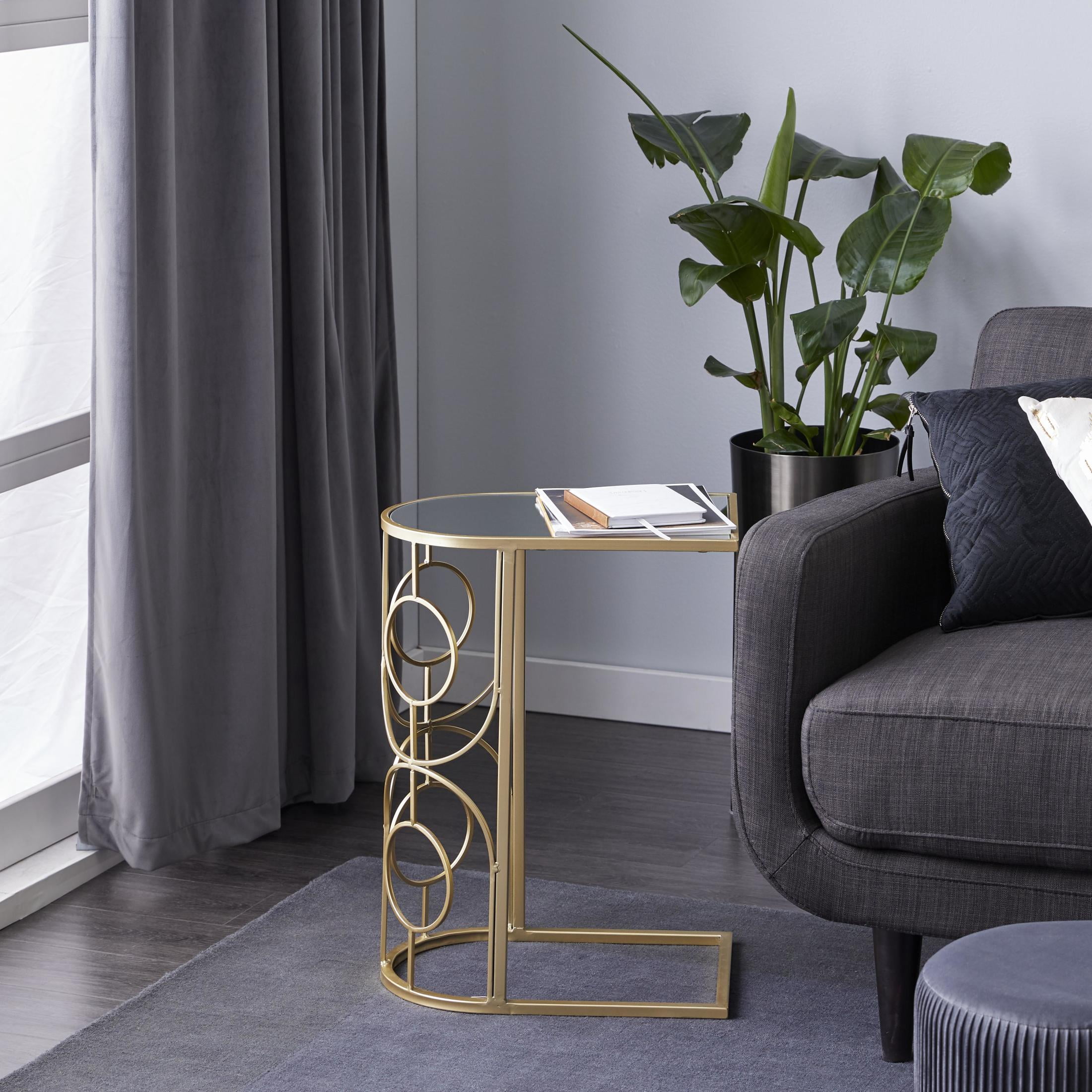 DecMode 12" x 24" Gold Metal Geometric Accent Table with Mirrored Glass Top, 1-Piece