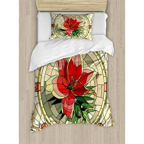 Floral Duvet Cover Set Twin Size, Vector Antique Glass Image Flower Lily Like Design with Leaves and Buds Artwork, Decorative 2 Piece Bedding Set with 1 Pillow Sham, Multicolor, by Ambesonne