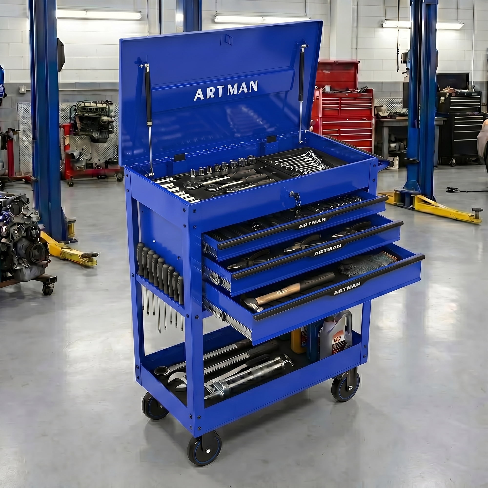 3 Drawer Tool Cart With Wheels and Steel Top