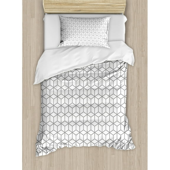 Abstract Duvet Cover Set Twin Size, Minimalist Cubes in Trippy Simplistic Geometric Square Shapes Modern Graphic, Decorative 2 Piece Bedding Set with 1 Pillow Sham, Black White, by Ambesonne