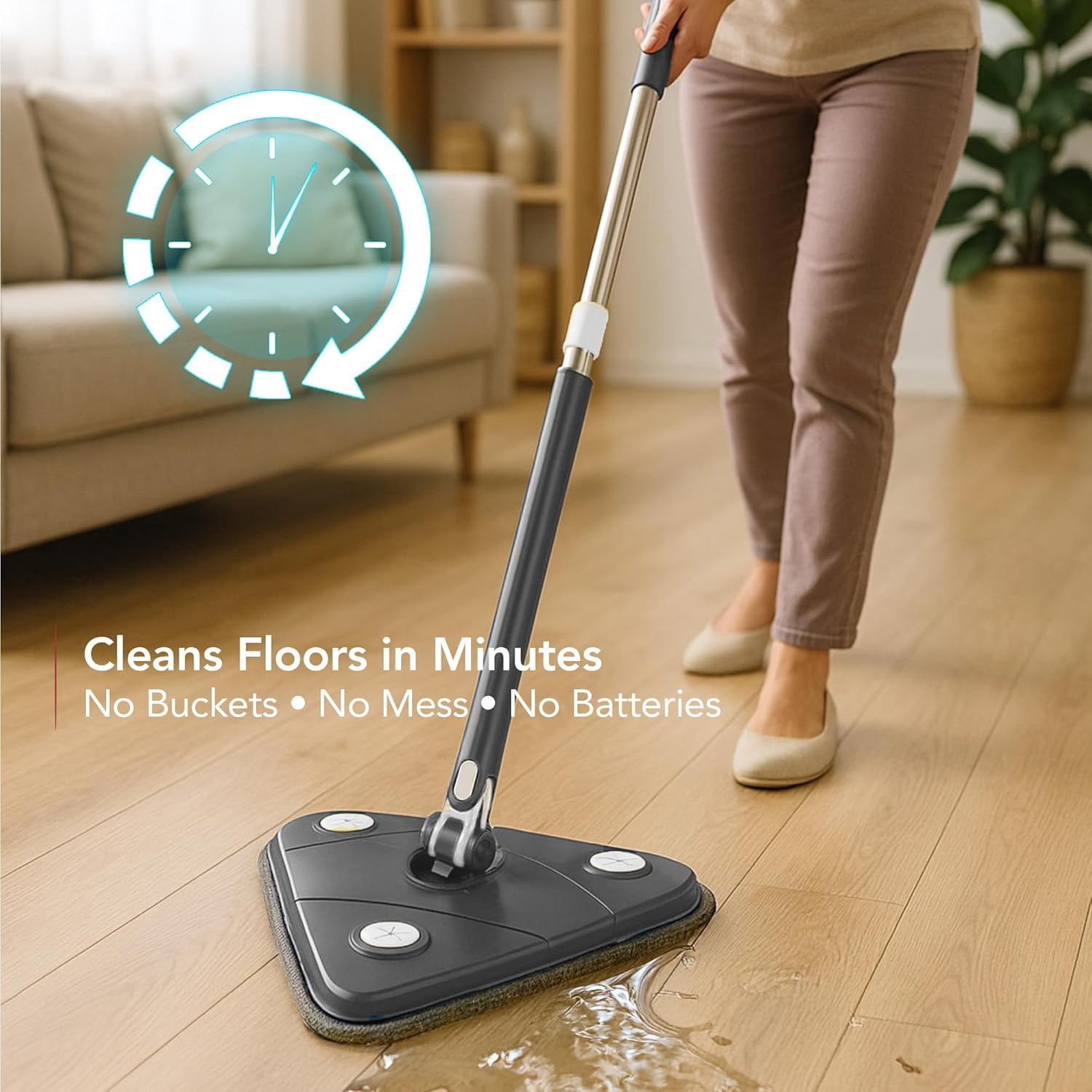 OVENTE Wall Cleaner Mop with 50" Adjustable Handle, Squeegee, Reusable and Easy to Clean Microfiber Pad, 360° Triangular Cleaning Tool Duster for Painted Walls/Baseboard/Window/Floor, Grey CTM311GY