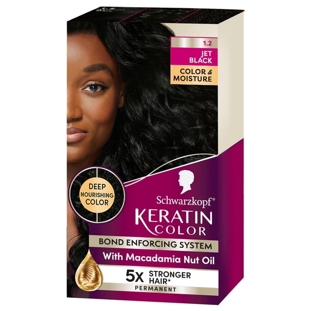 Schwarzkopf Keratin Color Tinte Permanente para el Cabello en Crema 1.2 Jet Black 1 Aplicación - Color de cabello inspirado en el salón enriquecido con queratina y aceite de nuez de macadamia - Tinte