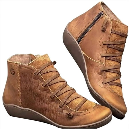 

Stamzod Women s Low-heeled Ankle Boots Clearance Women Casual Flat Leather Retro Lace-Up Boots Side Zipper Plus Shoe Boots Brown 43
