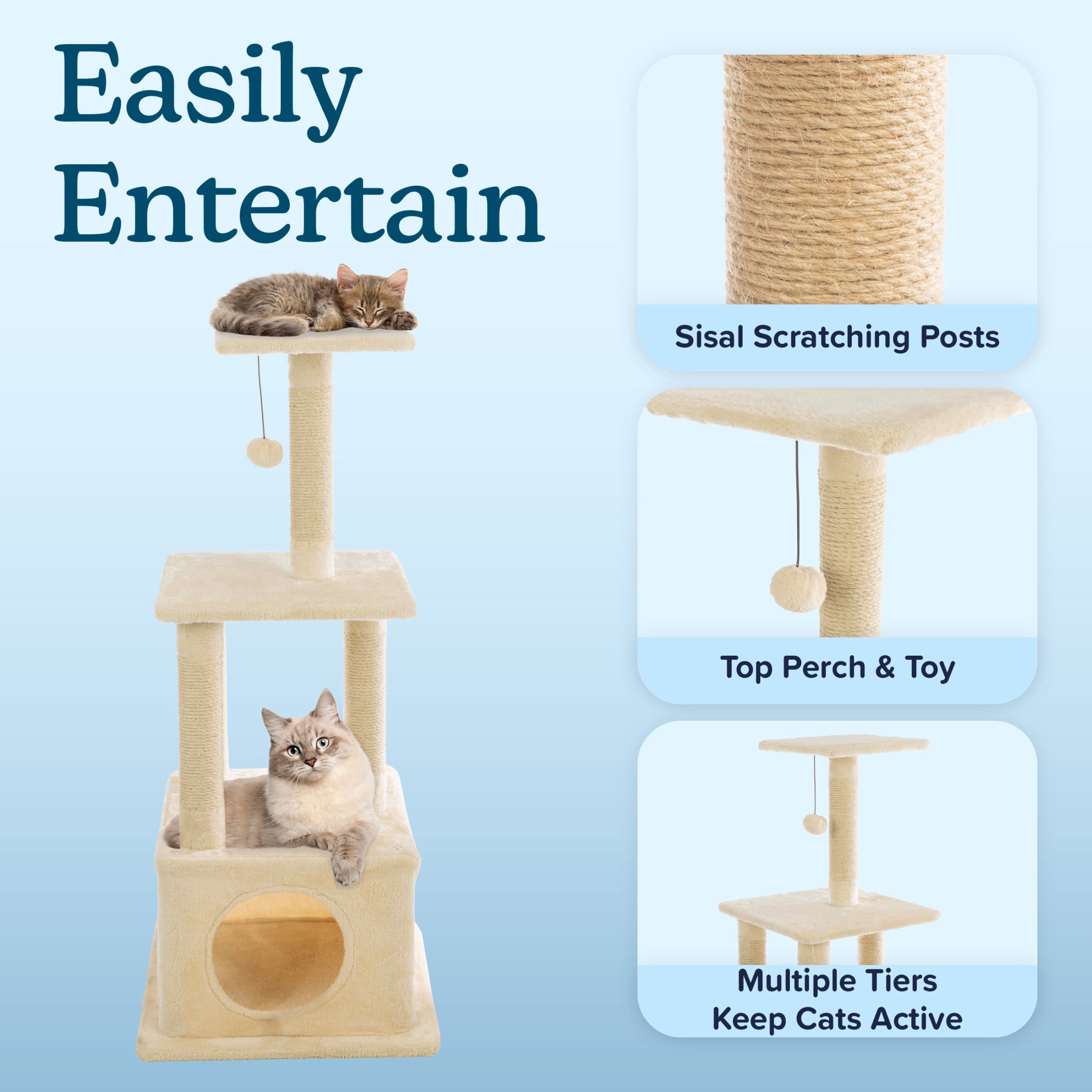 PETMAKER 44in Tall Cat Tree Tower with Perches, Condo, Scratching Posts, and Hanging Toy (Beige)