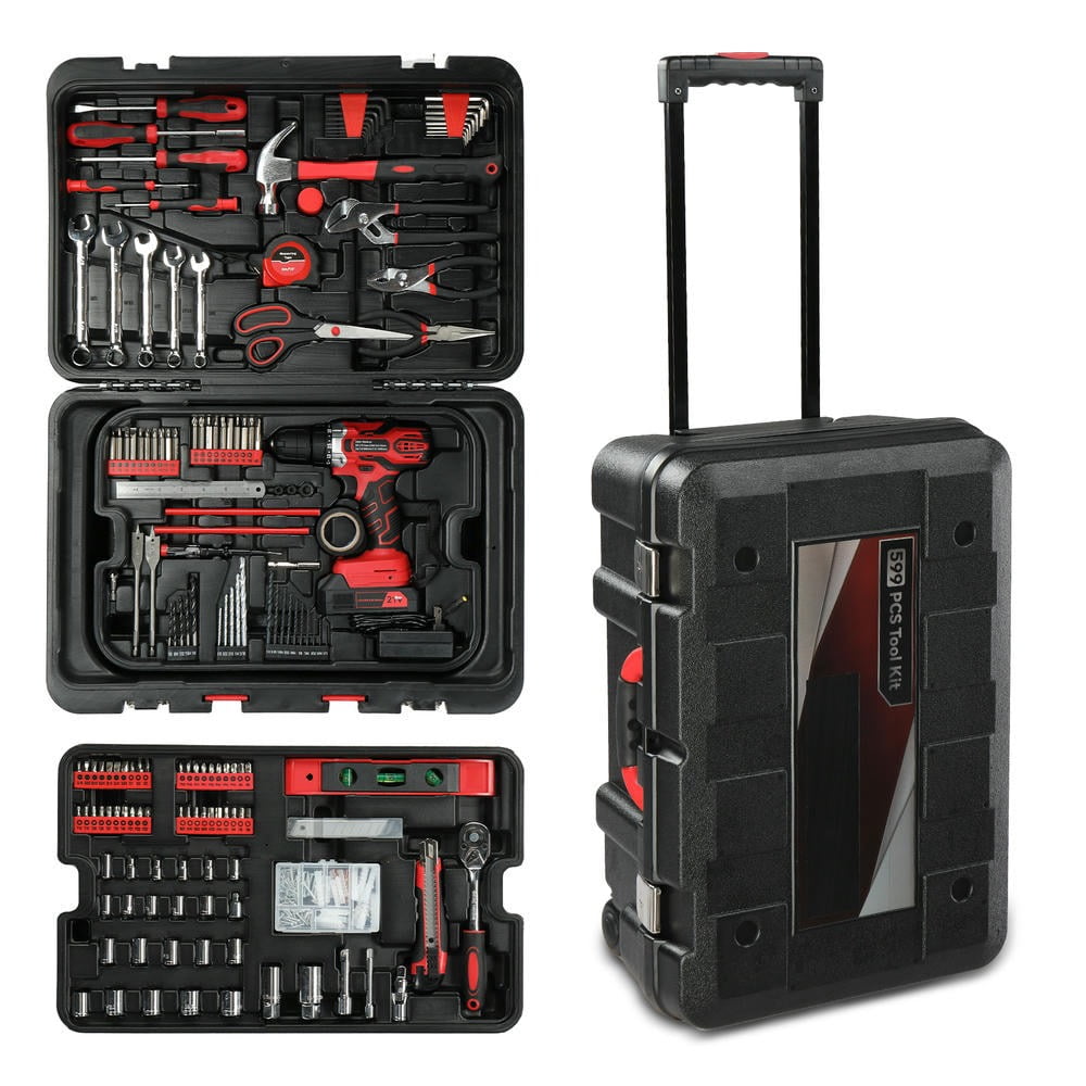 GVN 599 PCS Home Tool Set Kit, Auto Repair Tool Kit with Rolling Tool Box, Mechanic Tool Sets with 21V Max Cordless Power Drill