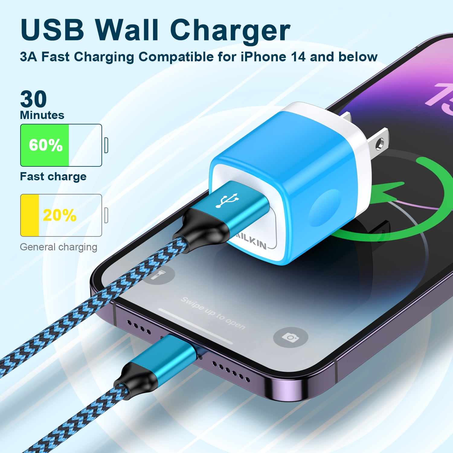 Compatible with iPhone Charger Fast Charging AILKIN 3Pack Charger Block with 6ft Cord Charging Block Plug Power USB Wall Charger Adapter Compatible with iPhone 14/13/12/11,Multicolor