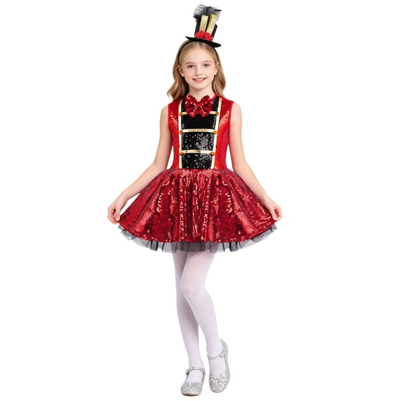 SiiRoh Kids Girls Shiny Sequins Leotard Dress with Feather Hat Carnival Party Circus Ringmaster Fancy Outfits Red 10