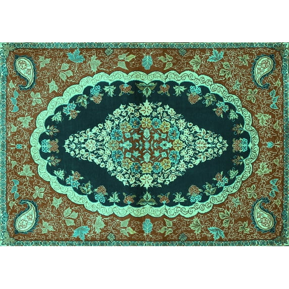 Ahgly Company Indoor Rectangle Medallion Turquoise Blue Traditional Area Rugs, 7' x 9'