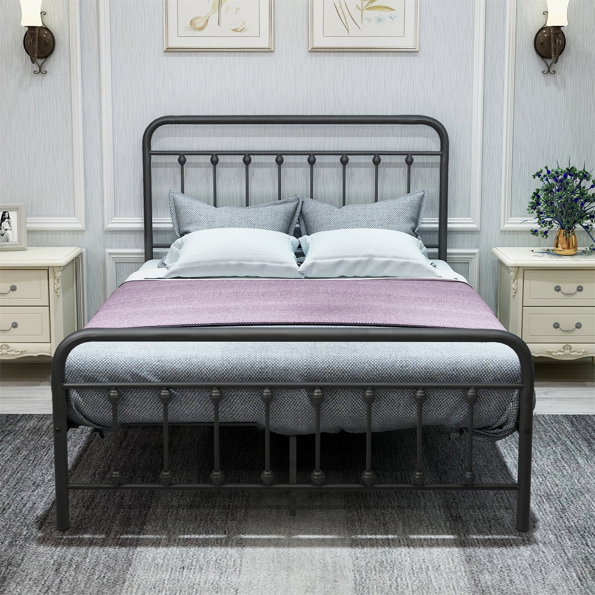 Victorian Vintage Style Platform Metal Bed Frame Foundation Headboard