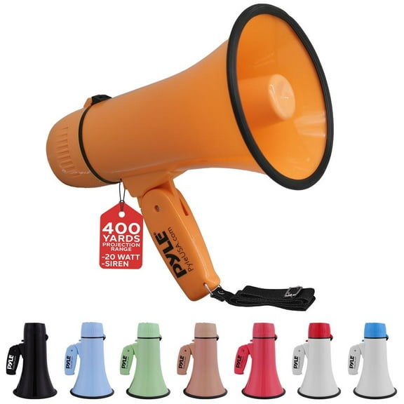 Lightweight and Portable Bullhorn Megaphone, Aux (3.5mm) Input for MP3/Music, Automatic Siren, 20-Watt, MIC/TALK (Orange)