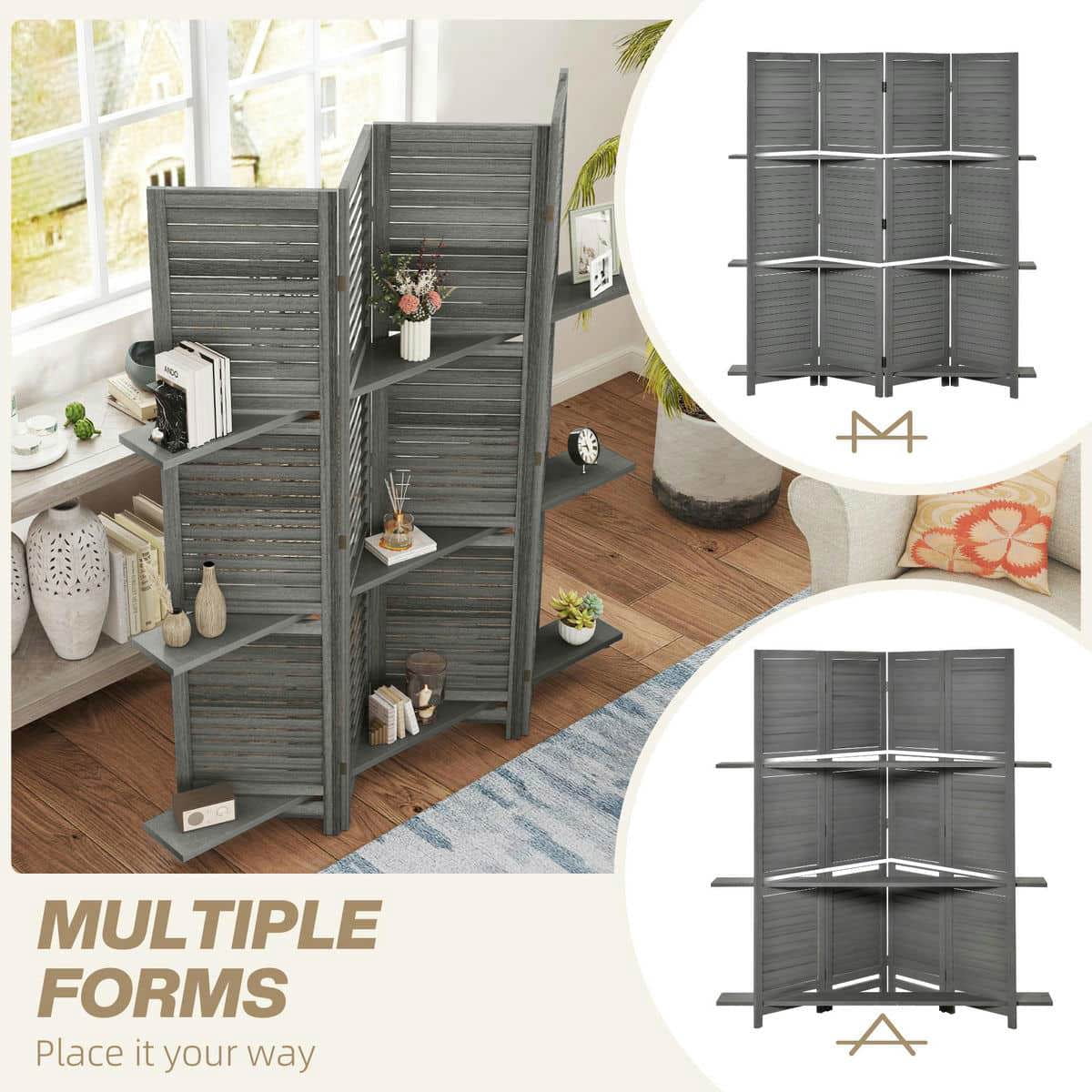 Spaco 4 Panel 67" Tall Wood Privacy Screen, Room Divider with 3 Shelves and Folding Storage for Indoor as Living Room, Bedroom, Gray