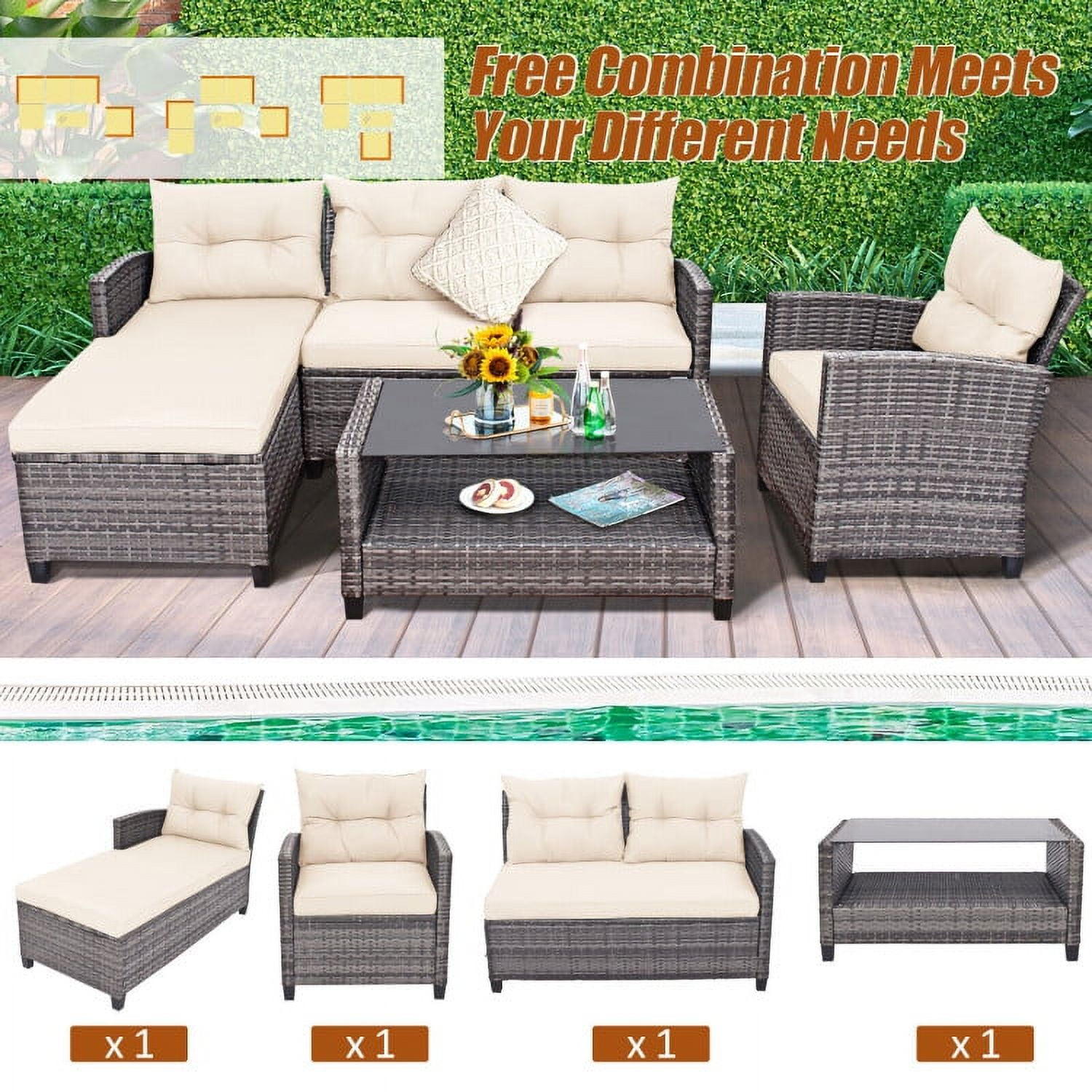 Aimee Lii 4 Pieces Patio Rattan Furniture Set with Cushion and Table Shelf, Outdoor Deck Furniture, Off White Aimee Lii 4 Pieces Patio Rattan Furniture Set with Cushion and Table Shelf, Outdoor Deck Furniture, Off White