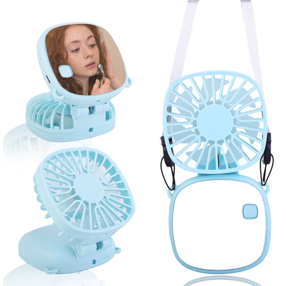 JELLOO Handheld Small Fan, Neck Hanging Folding Fan, Portable USB Charging Makeup Mirror, Multi purpose Fan