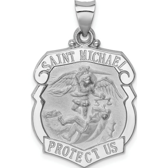 14K White Gold Polish/Satin St Michael Badge Medal Hollow Pendant (30 X 22) Made In United States xr1369