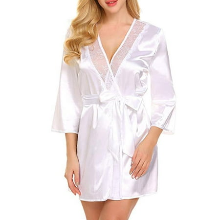 KVMeteor Women Satin Robe 3/4 Sleeve Lace Kimono Nightgown Lingerie