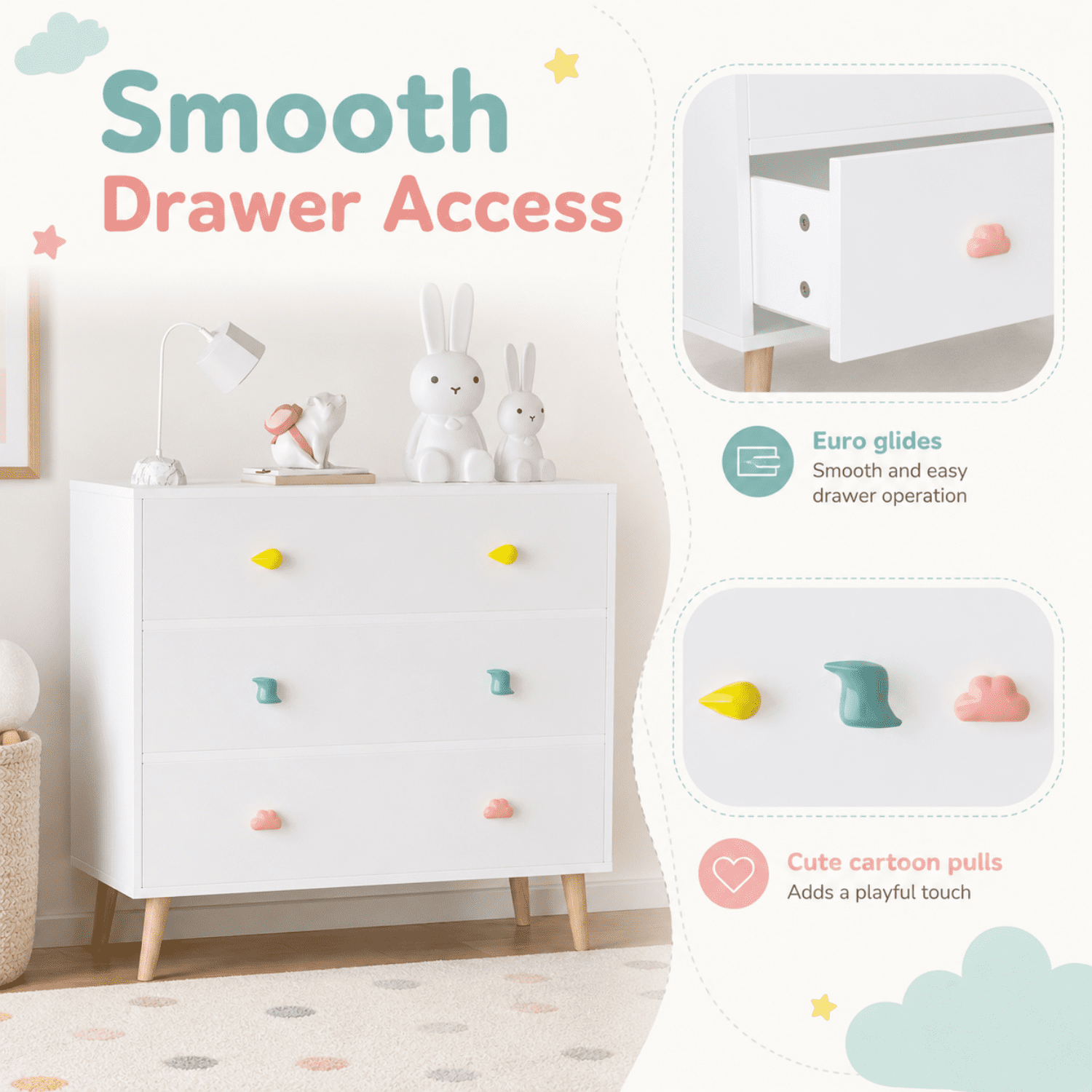 Miniyam Drawer Dresser with Glides & Safety Design for Kids Bedroom, White
