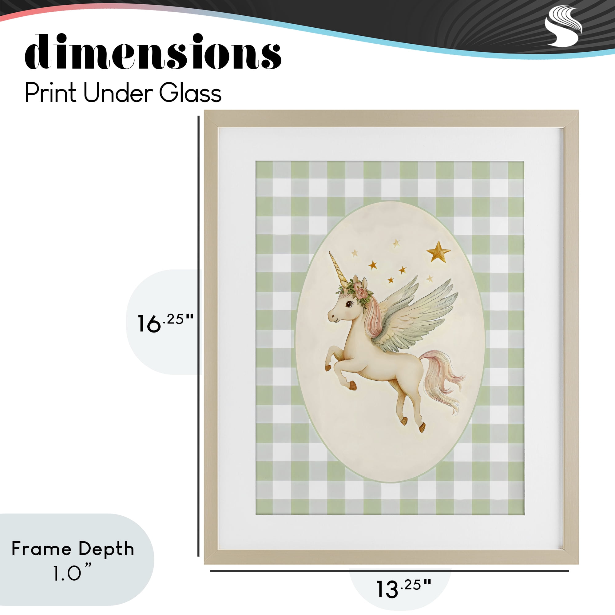 Stupell Industries Winged Unicorn over Green Gingham Birch Framed Print Under Glass, design by Arlington Prints