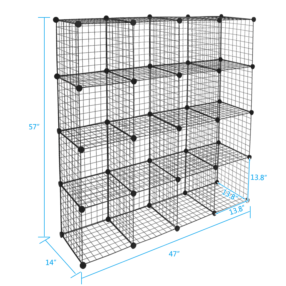16-Cube Wire Grid Storage Organizer – DIY Modular Cube Shelves Unit, 13.8" Cubes, Heavy-Duty Steel Frame with ABS Connectors, Black, 47"W x 14"D x 57"H