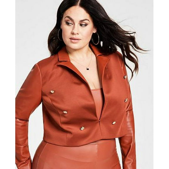 Plus Size Pleather Double-Breasted Cropped Blazer Spice 3X