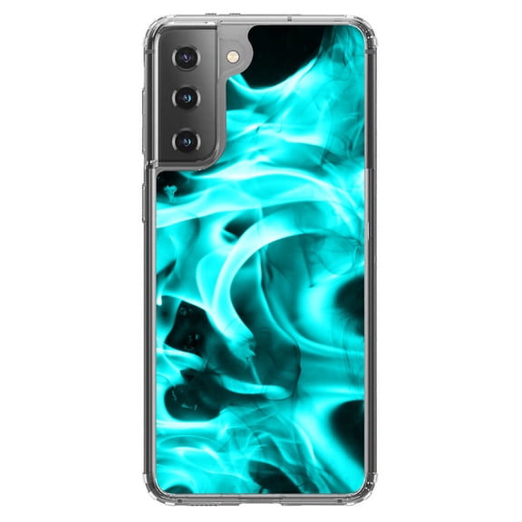 DistinctInk Clear Shockproof Hybrid Case for Galaxy S21  PLUS 5G (6.7" Screen) - TPU Bumper, Acrylic Back, Tempered Glass Screen Protector - Teal Black Flame Fire - Printed Image of Fire