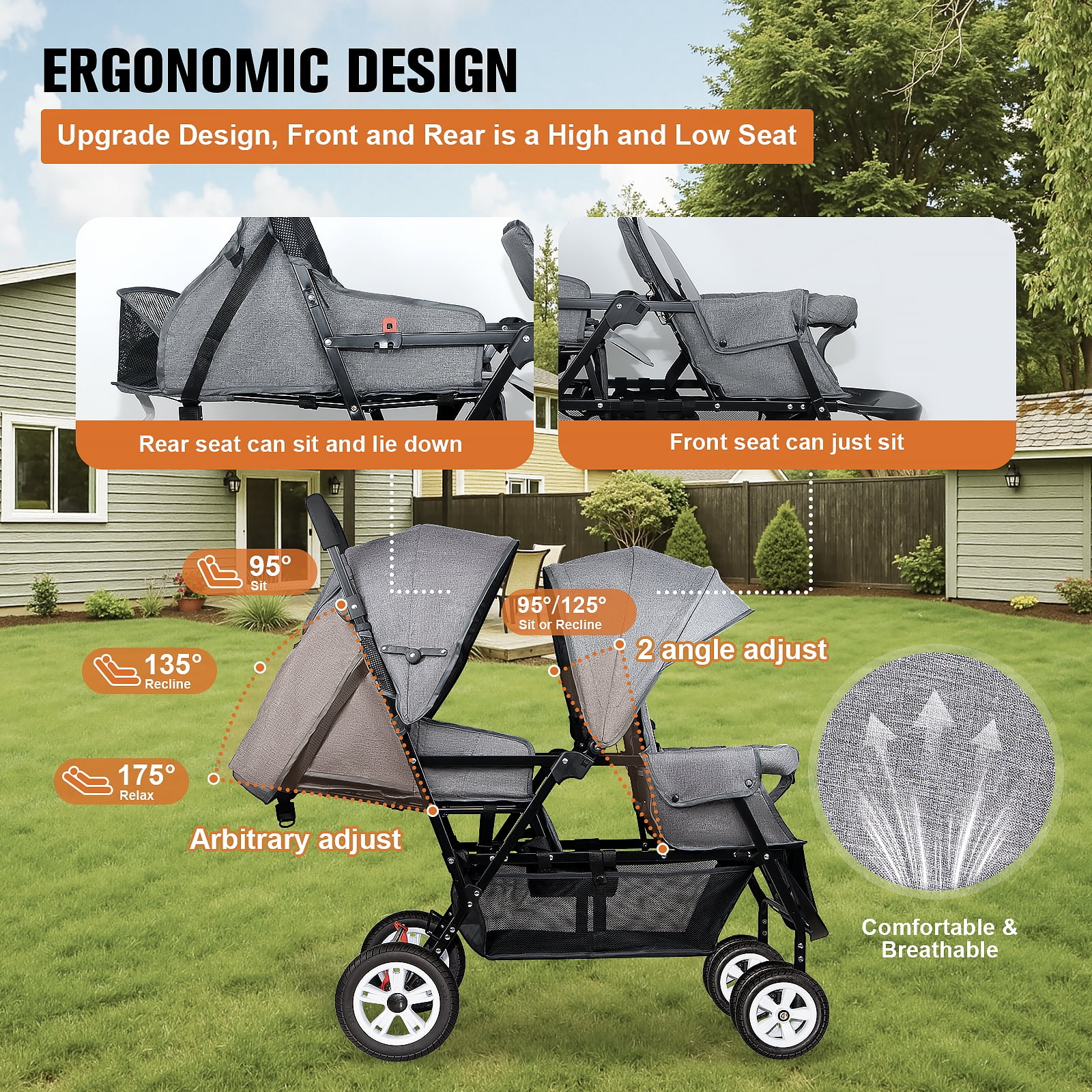 HUART Double Stroller, can Sit and Lie Down Lightweight Folding Children's Stroller, Gray