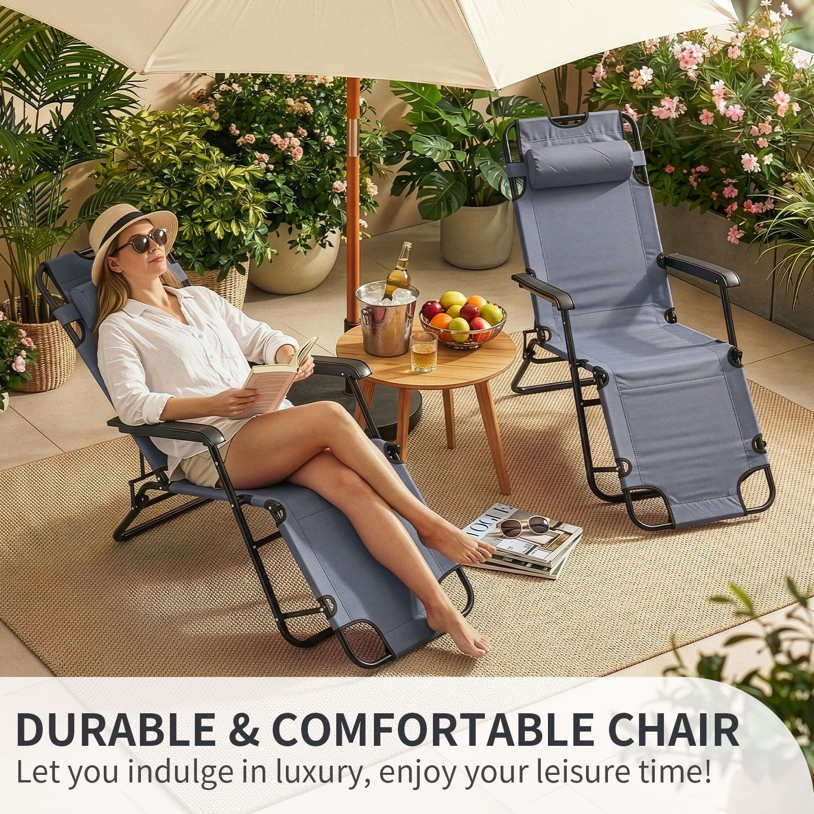UBesGoo 2-Position Adjustable Backrest Chaise Chair, Lightweight Tanning Chair with Pillow, Sun Recliner for Indoor Outdoor - Black