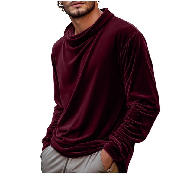successthop Mens Velour Shirts Elegant Pleated Plus Size Mock Neck Streetwear Casual Long Sleeve Clothes Solid Tops Red