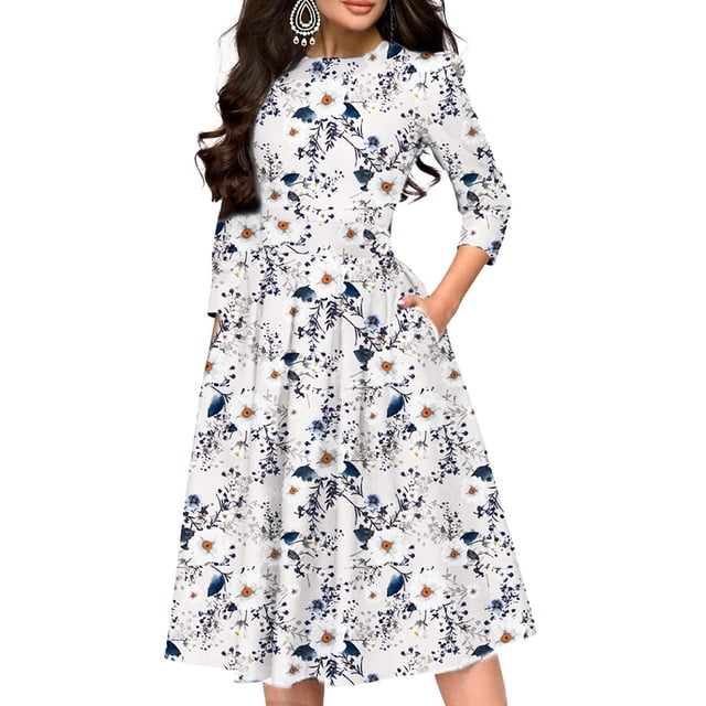 Simple Flavor Vestido vintage floral para mujer, elegante vestido de noche midi con mangas 3/4 (3155MS L)