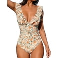 thumbnail image 3 of Women's Ruffled One Piece Swimsuit V Neck Lace Up,Color: Orange Ditsy Print,Size:S, 3 of 6