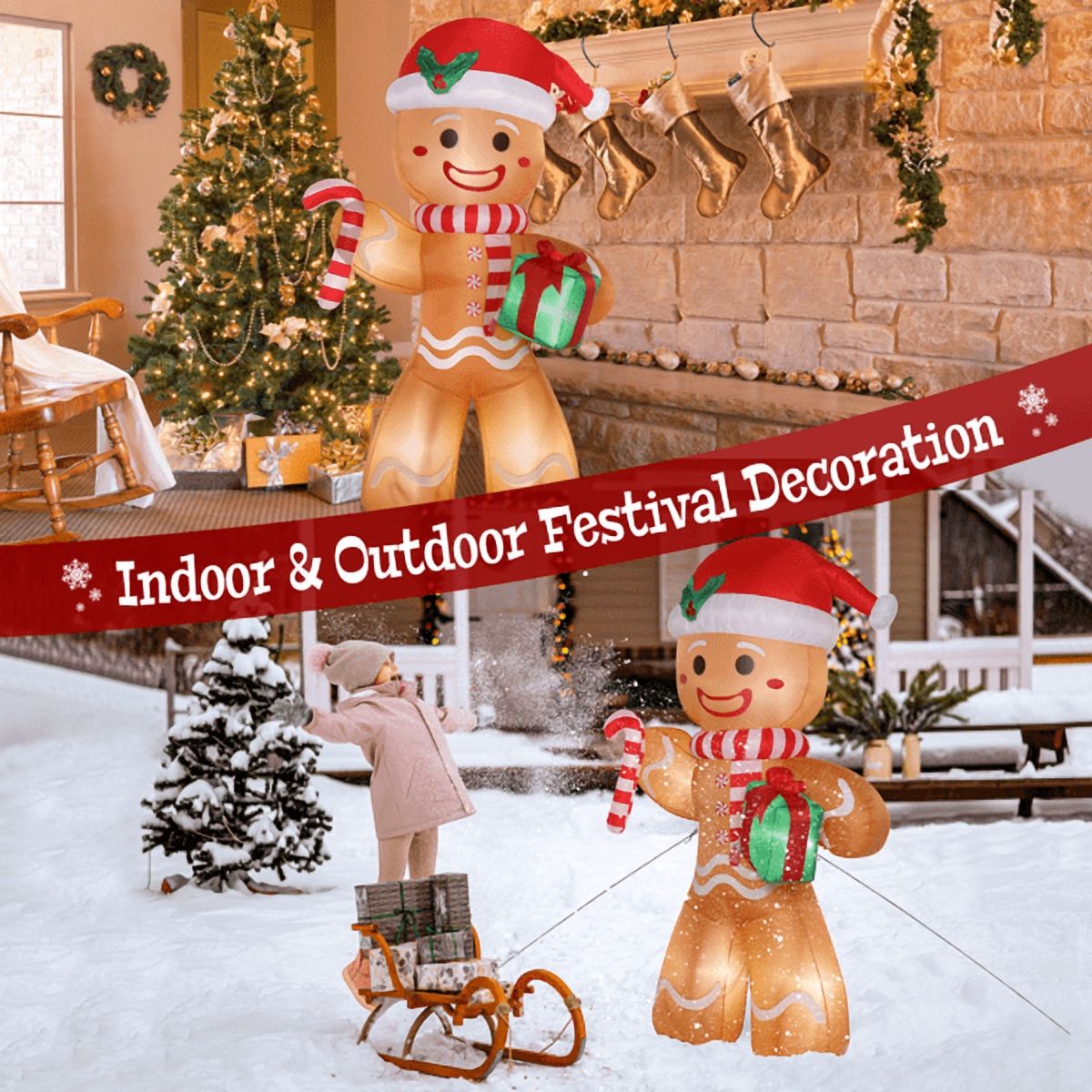 Alvantor 8 ft Inflatable Gingerbread Man with Gift Box, Candy Cane and 5 LED Lights, Christmas Yard Decoration