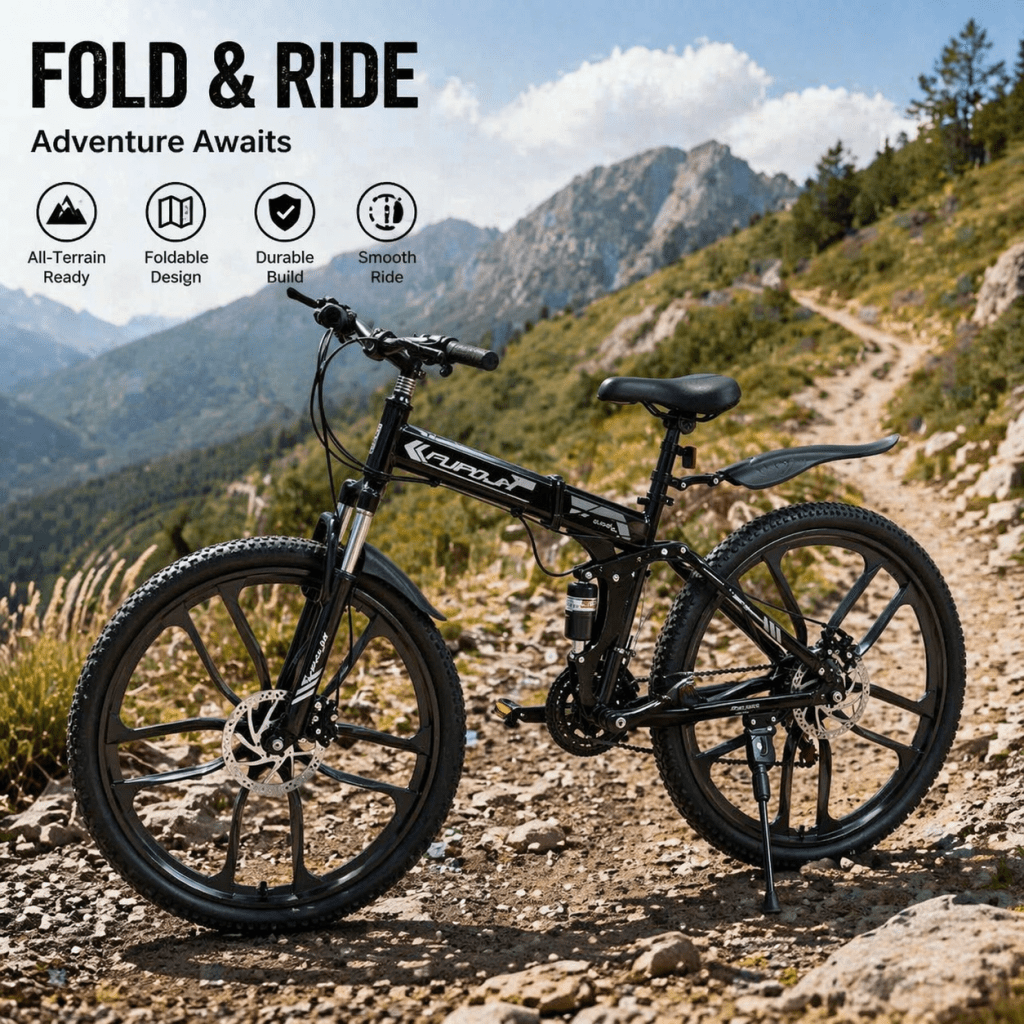 FUPOJH 26" Folding Mountain Bike for Men & Women,21 Speed,Dual Disc Brakes,Dual Suspension,Black