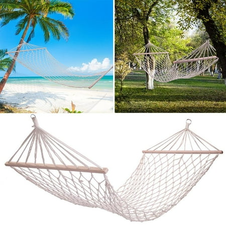 

6.6x2.6ft Outdoor Wood Pole Cotton Rope Hammock Bed with Rope 150lbs White