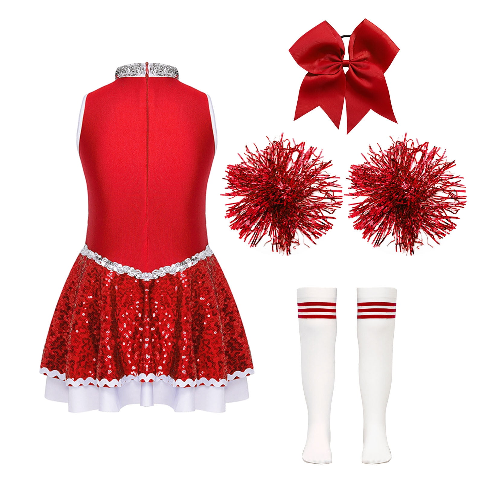 iiniim Girls Cheer Leader Sequins Cheerleading Dress with Pom Poms Headwear Socks for Halloween B Red 12