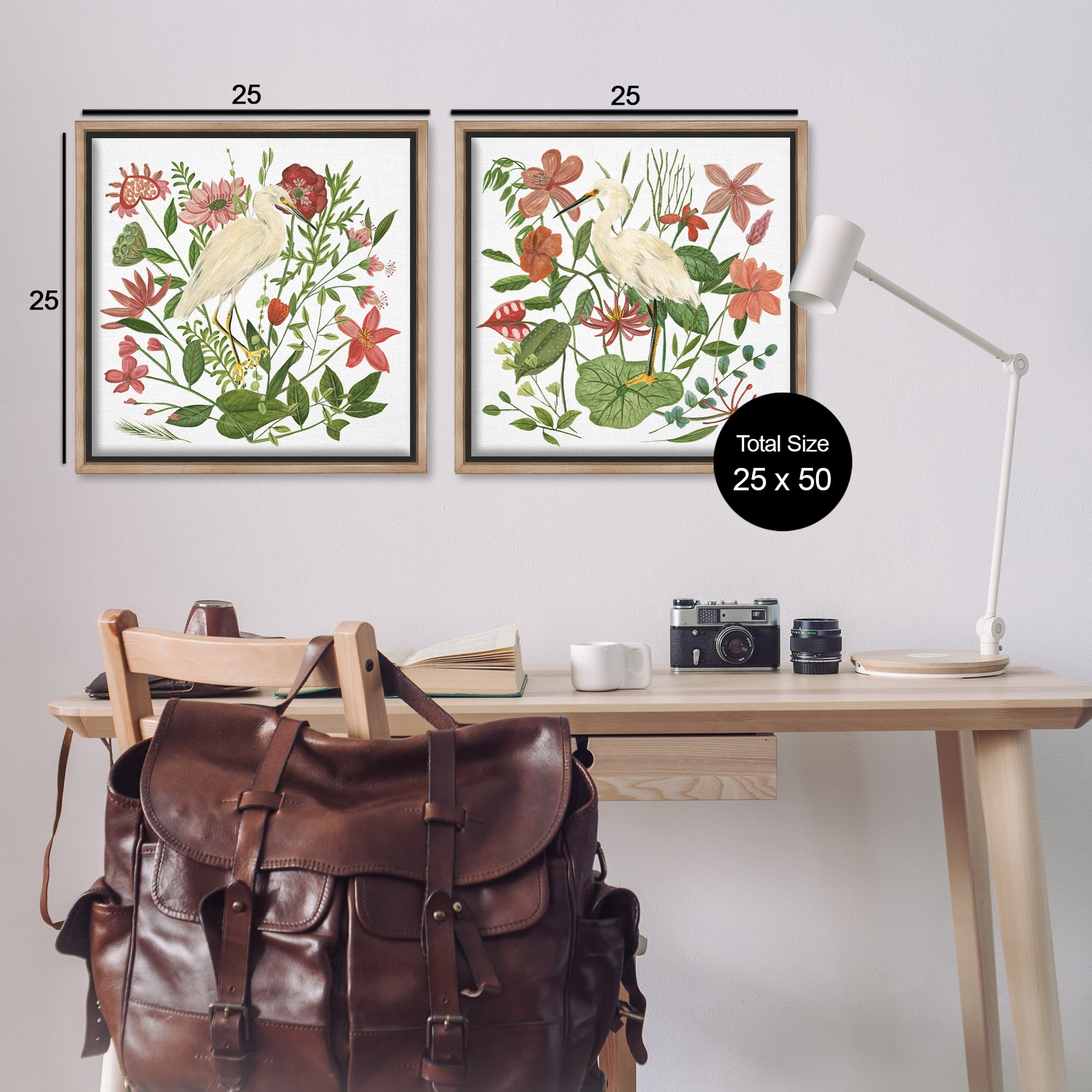 Stupell Industries Egrets Color Pop Flowers Plants & Flowers Painting Brown Floater Framed Canvas Art Print Wall Art, 25 x 25, Set of 2