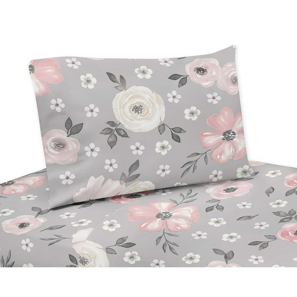 Sweet Jojo Designs Grey Watercolor Floral Queen Sheet Set - 4 Piece Set - Blush Pink Gray and White Shabby Chic Rose Flower Farmhouse