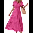 thumbnail image 3 of Vestido Bohemio Floral Fluido de Verano para Mujer, Informal, con Mangas y Volantes, Cuello Redondo, Cintura Fruncida y Rosa Roja M, 3 of 9