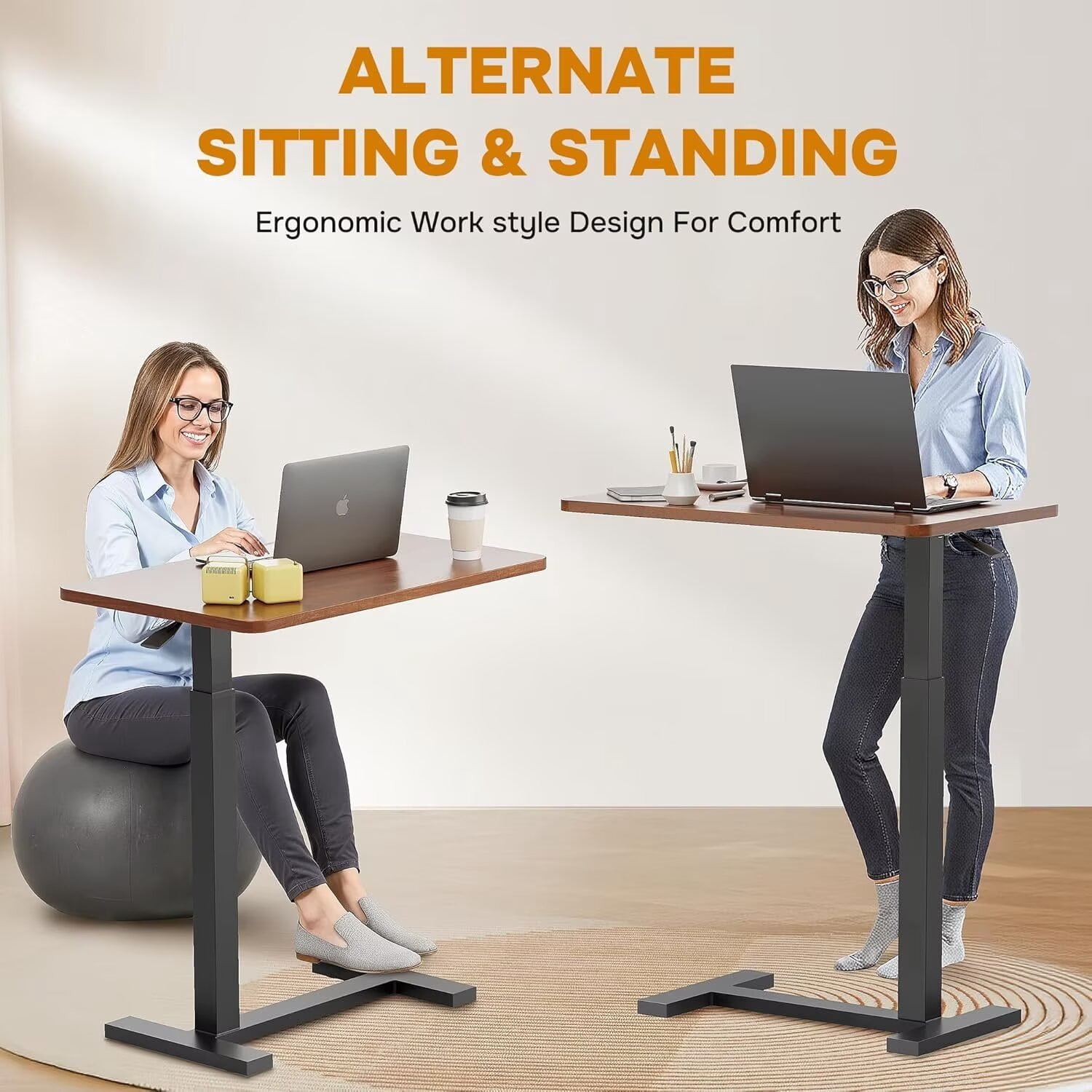 Simple Deluxe Adjustable Overbed Bedside Table with Wheels, Rolling Laptop Table, Pneumatic Adjustable Hospital & Home Use Bed Table, Mobile Standing Desk, Brown