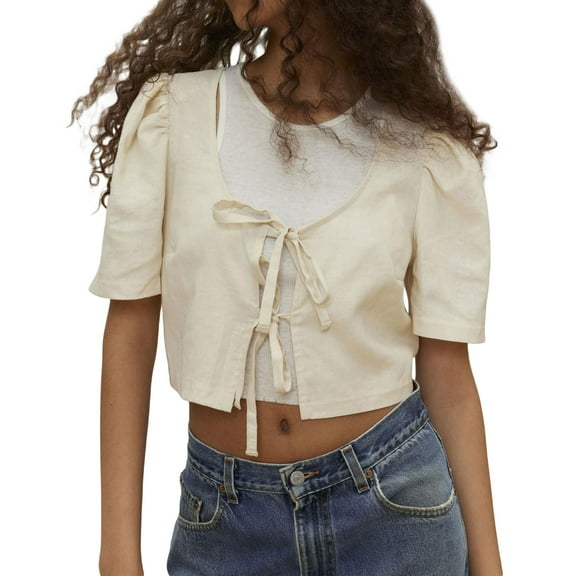 Musuos Women Tie-up Crop Top, Short Sleeve Solid Loose Summer Tops Streetwear for Casual Daily