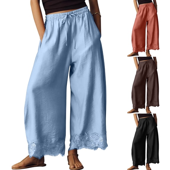 OIOLOYJM Cropped Pants for Women High Waisted Drawstring Lace-Hem Wide Leg Pants Casual Summer Boho Beach Lounge Trousers with Pockets Sky Blue L